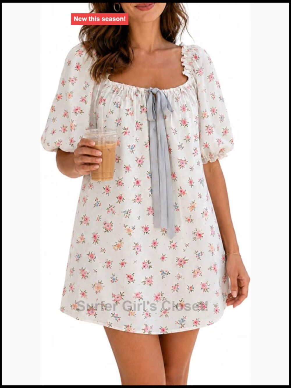 Puff Sleeve Babydoll Mini Dress Square Neck Floral Cute Tie Sundress